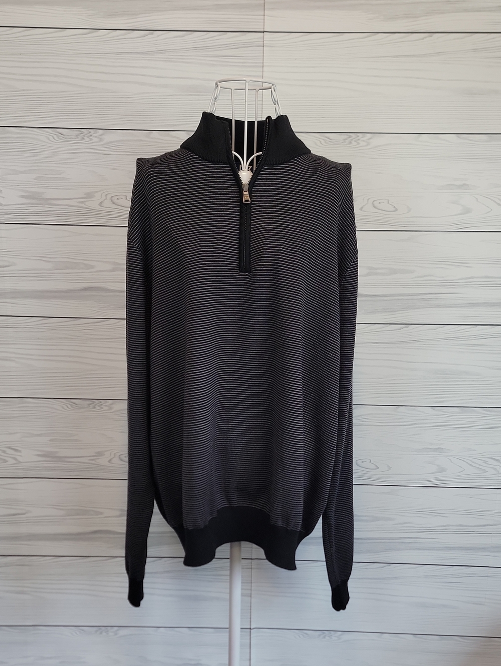 Cutter & Buck Black and Gray Striped Quarter-Zip Collin Sweater Mens Size L